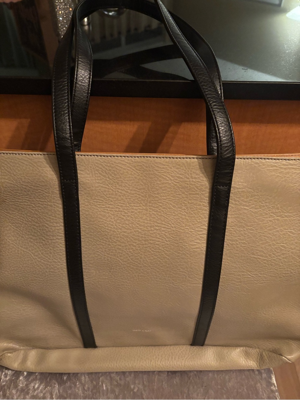 Matt & Nat Two-Tone Cream Tote with Black Straps
